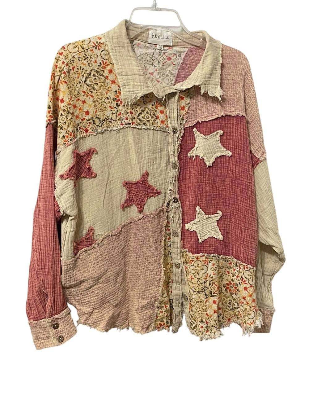 Oli and Hali washed Star gauze patchwork button-up shirt pockets boho sz M